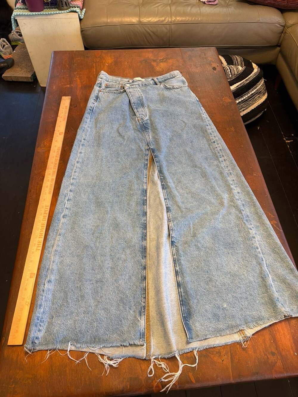 Zara Asymmetric Button Fly Denim Maxi Skirt with Front Slit and Raw Hem